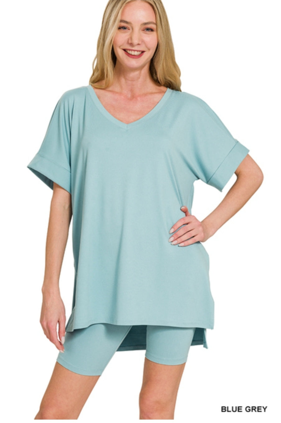 BRUSHED DTY MICROFIBER V-NECK TOP WITH SHORTS