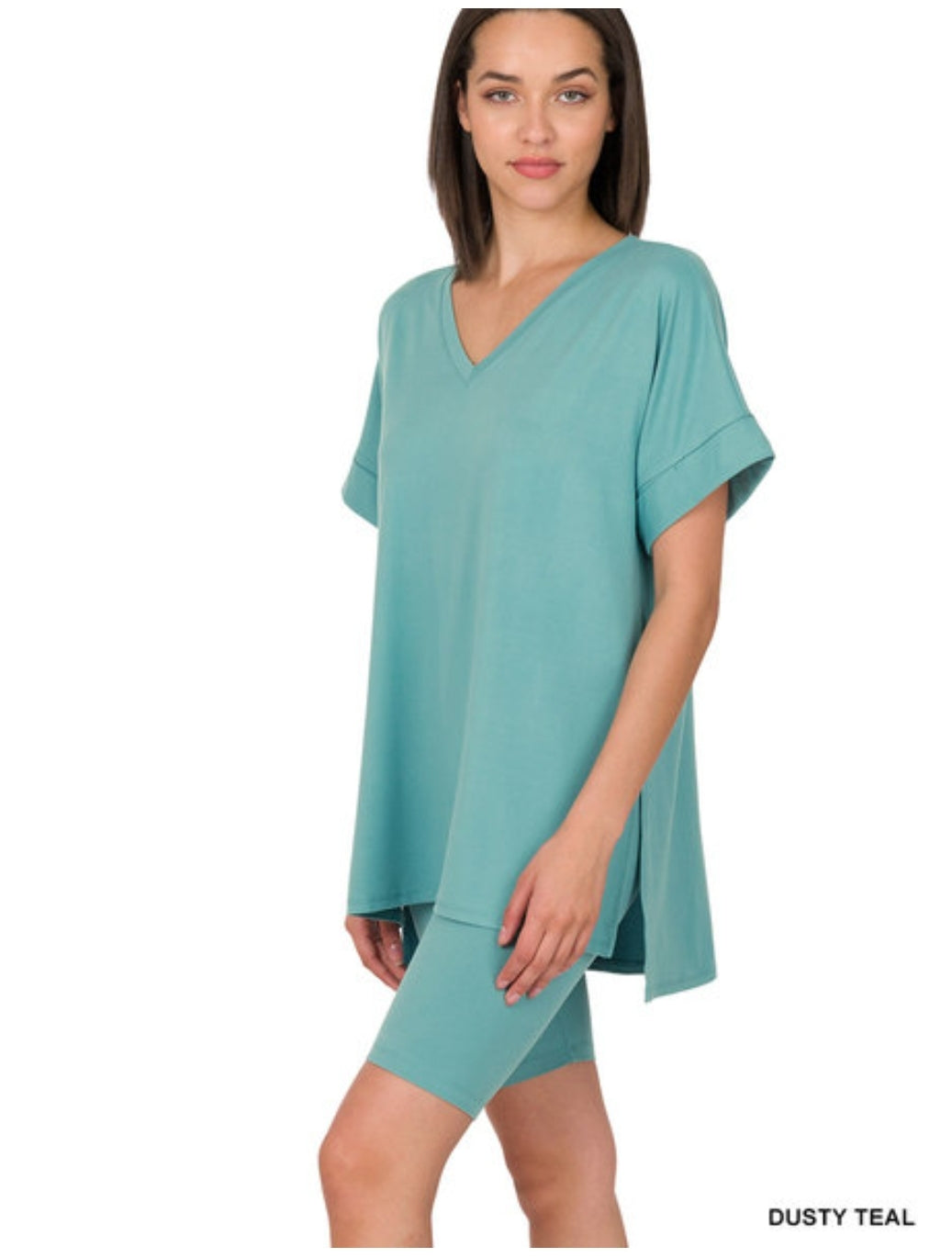 BRUSHED DTY MICROFIBER V-NECK TOP WITH SHORTS