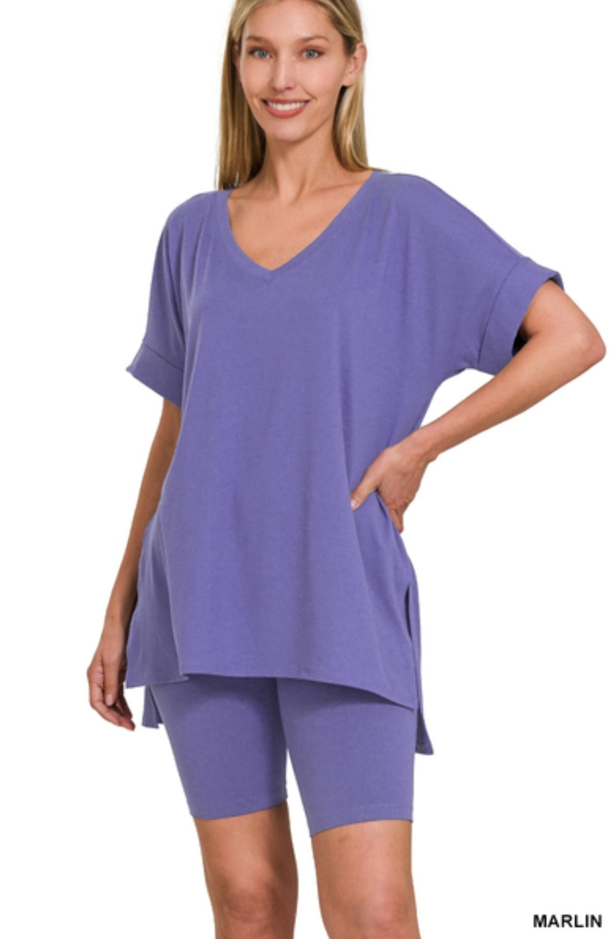 BRUSHED DTY MICROFIBER V-NECK TOP WITH SHORTS