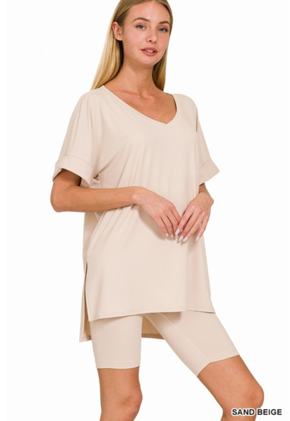 BRUSHED DTY MICROFIBER V-NECK TOP WITH SHORTS
