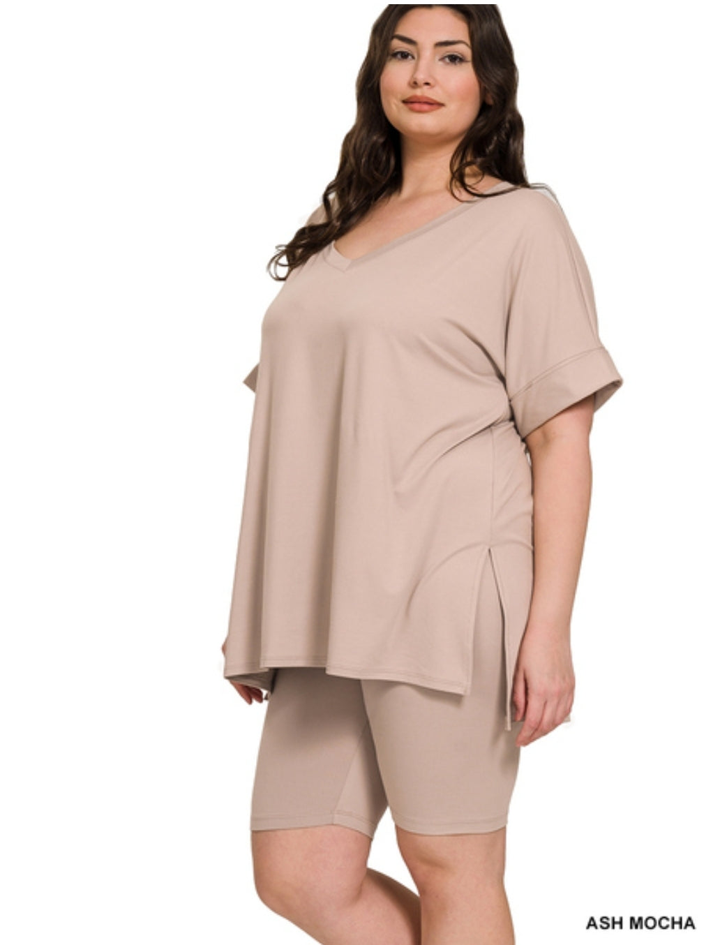 BRUSHED DTY MICROFIBER V-NECK TOP WITH SHORTS
