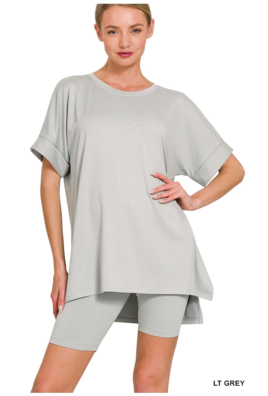 Brushed Microfiber Round-Neck Top & Biker Shorts