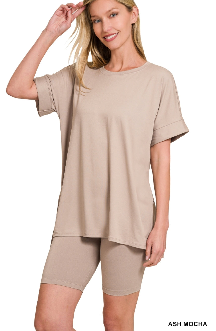 Brushed Microfiber Round-Neck Top & Biker Shorts