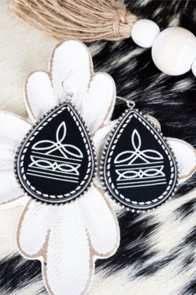 Black Range Stitched Silvertone Teardrop Earrings