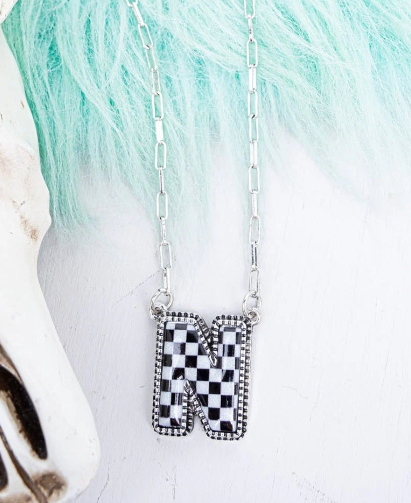 Black & White Checkered Initial Necklace