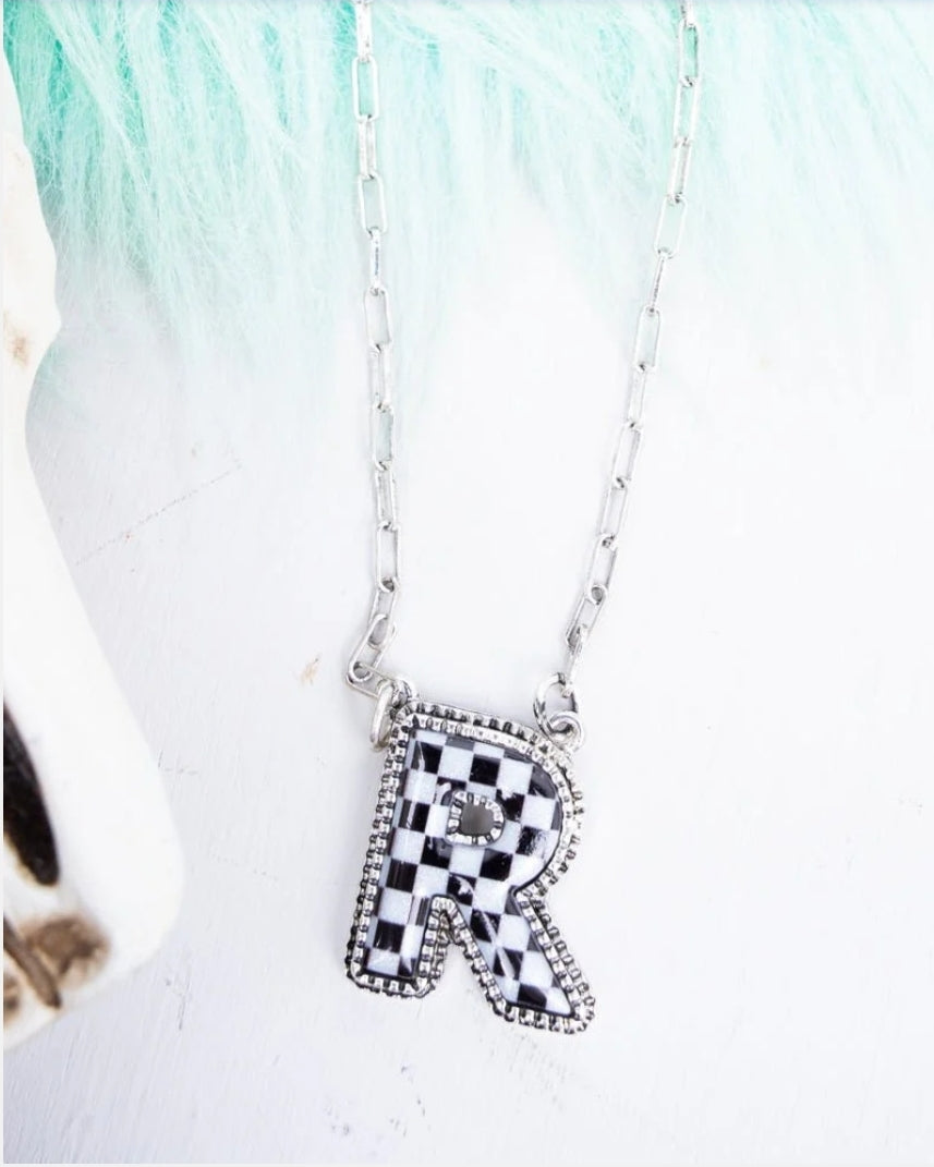 Black & White Checkered Initial Necklace