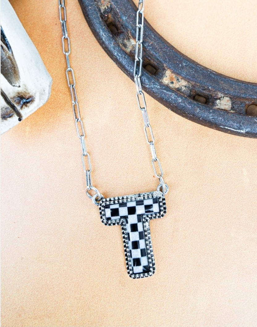 Black & White Checkered Initial Necklace