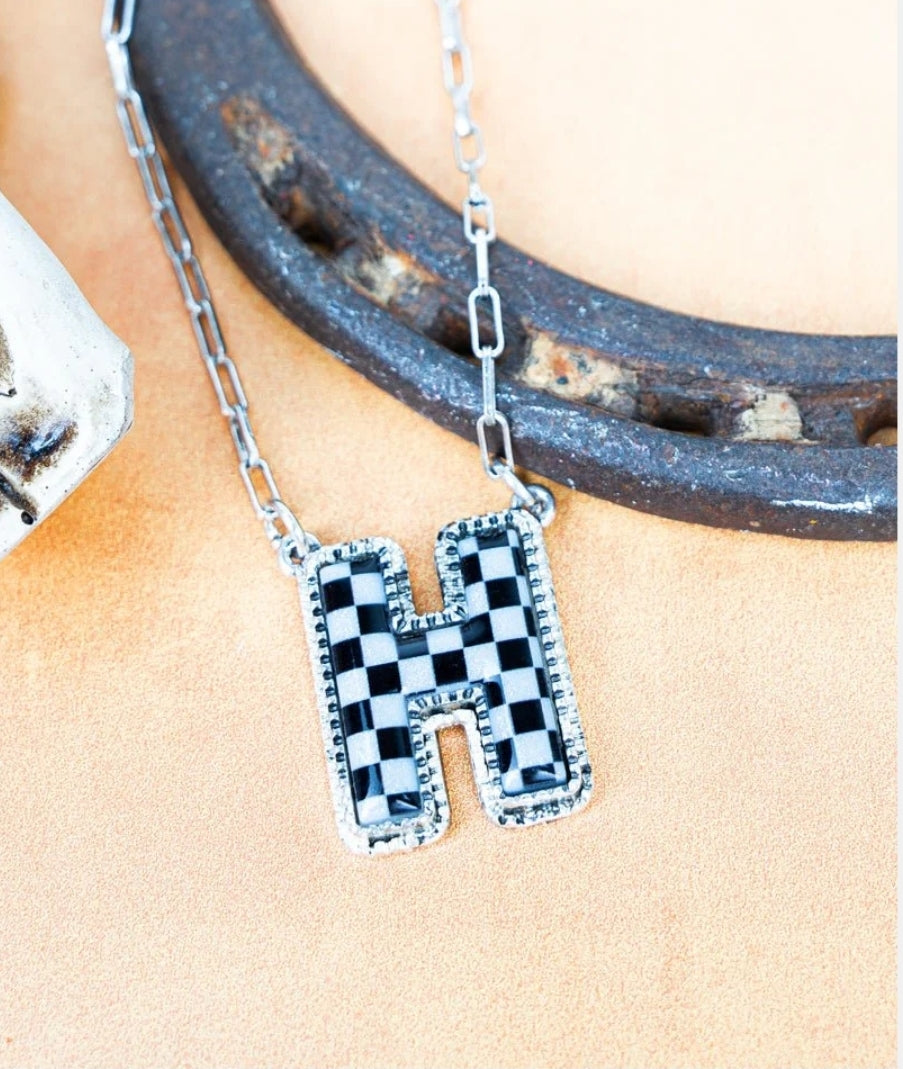 Black & White Checkered Initial Necklace