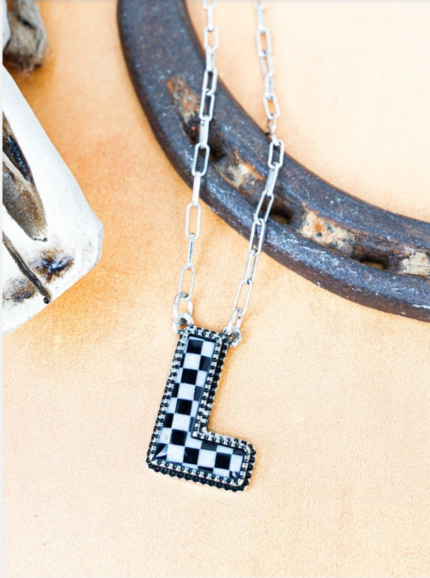 Black & White Checkered Initial Necklace