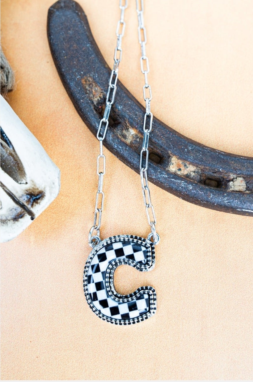 Black & White Checkered Initial Necklace