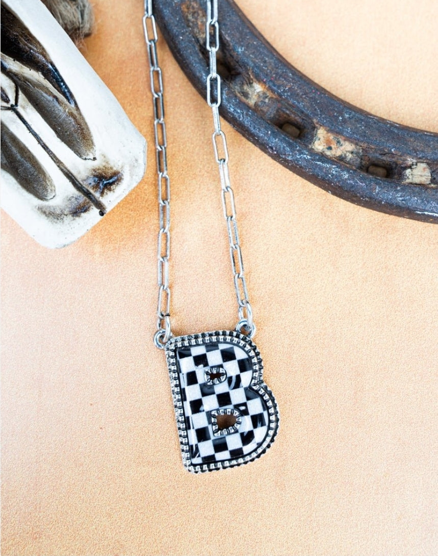 Black & White Checkered Initial Necklace