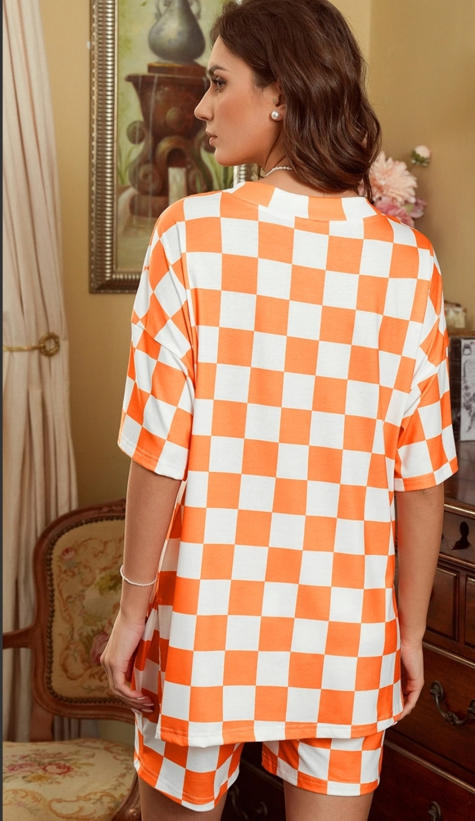 Checkerboard Print V Neck Loose Tee and Shorts Lounge Set(PREORDER)