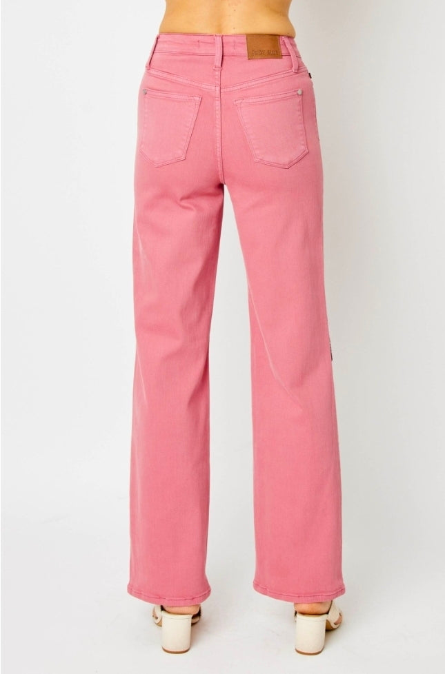 High Waisted Dusty Pink Dyed Chrochet Patch Wide Leg JUDY BLUES