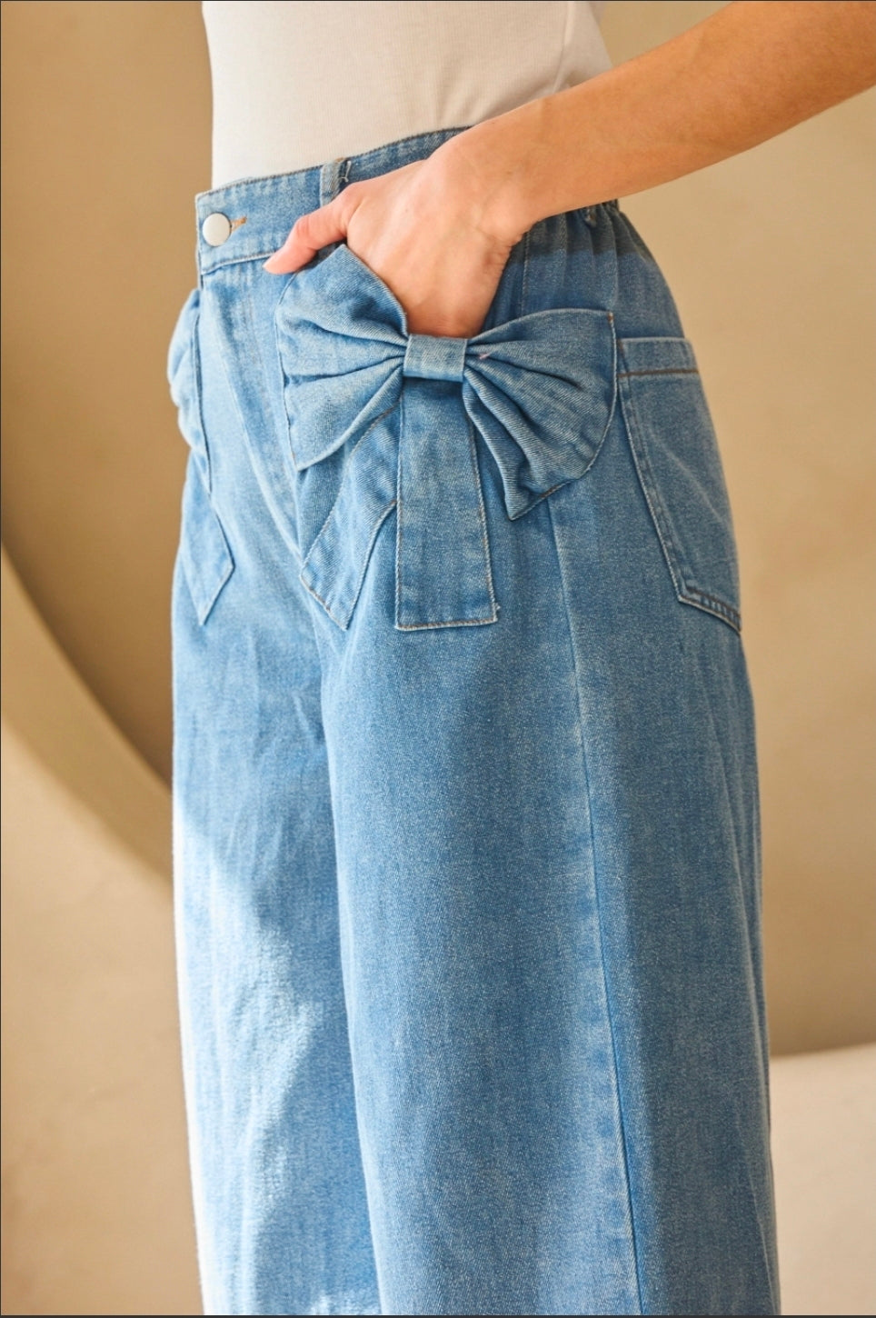 Washed Denim Wide Leg Pants With Bow Accents(PREORDER)