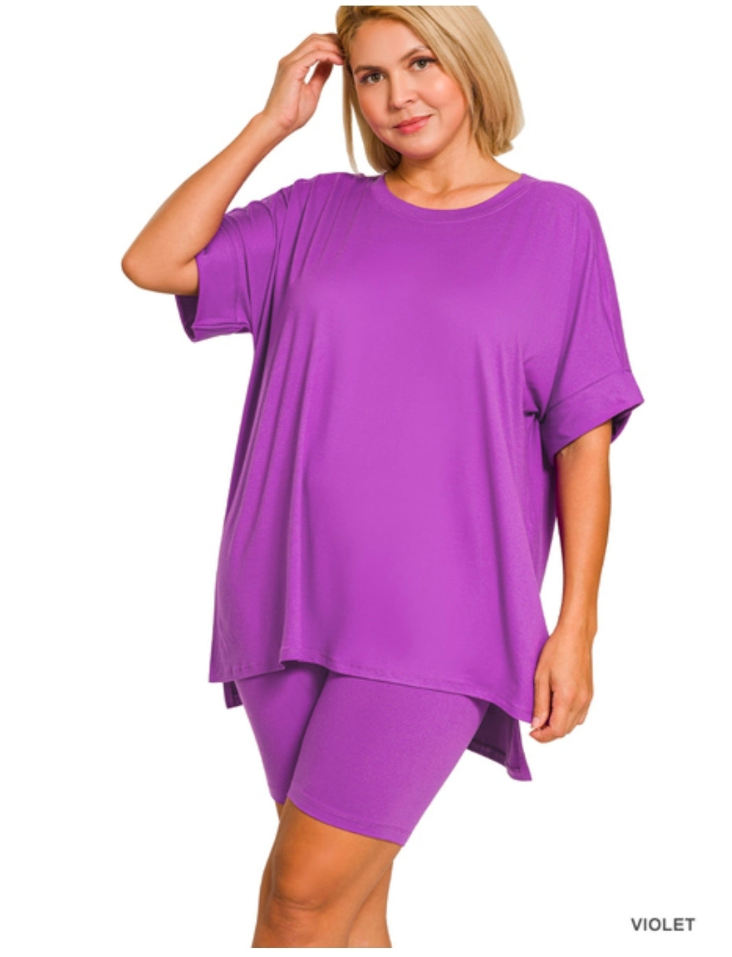 Brushed Microfiber Round-Neck Top & Biker Shorts