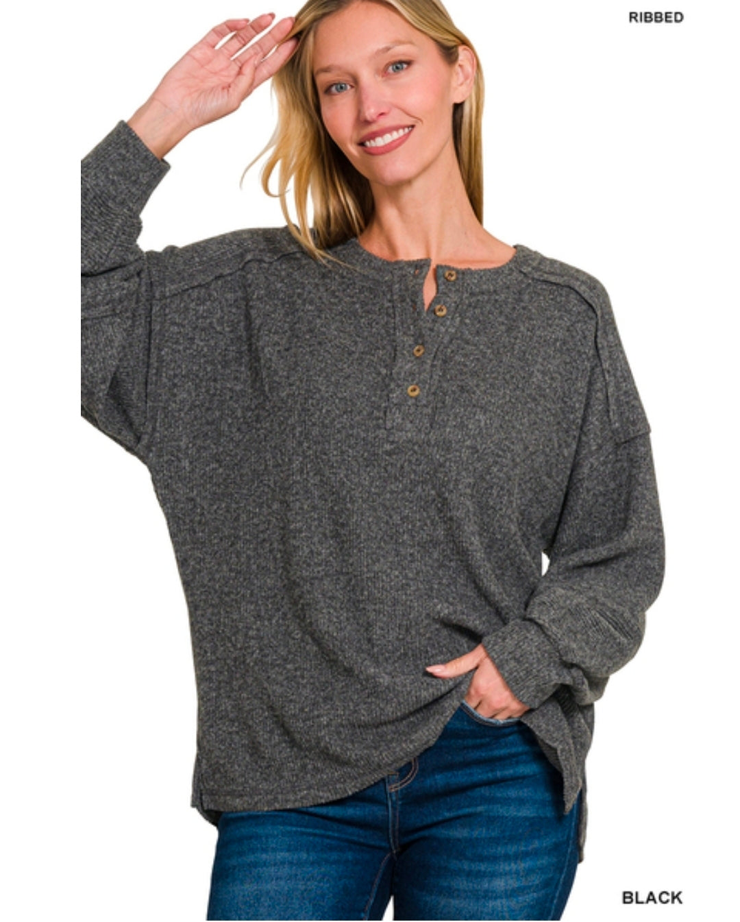 ribbed brushed hacci melange henley sweater
