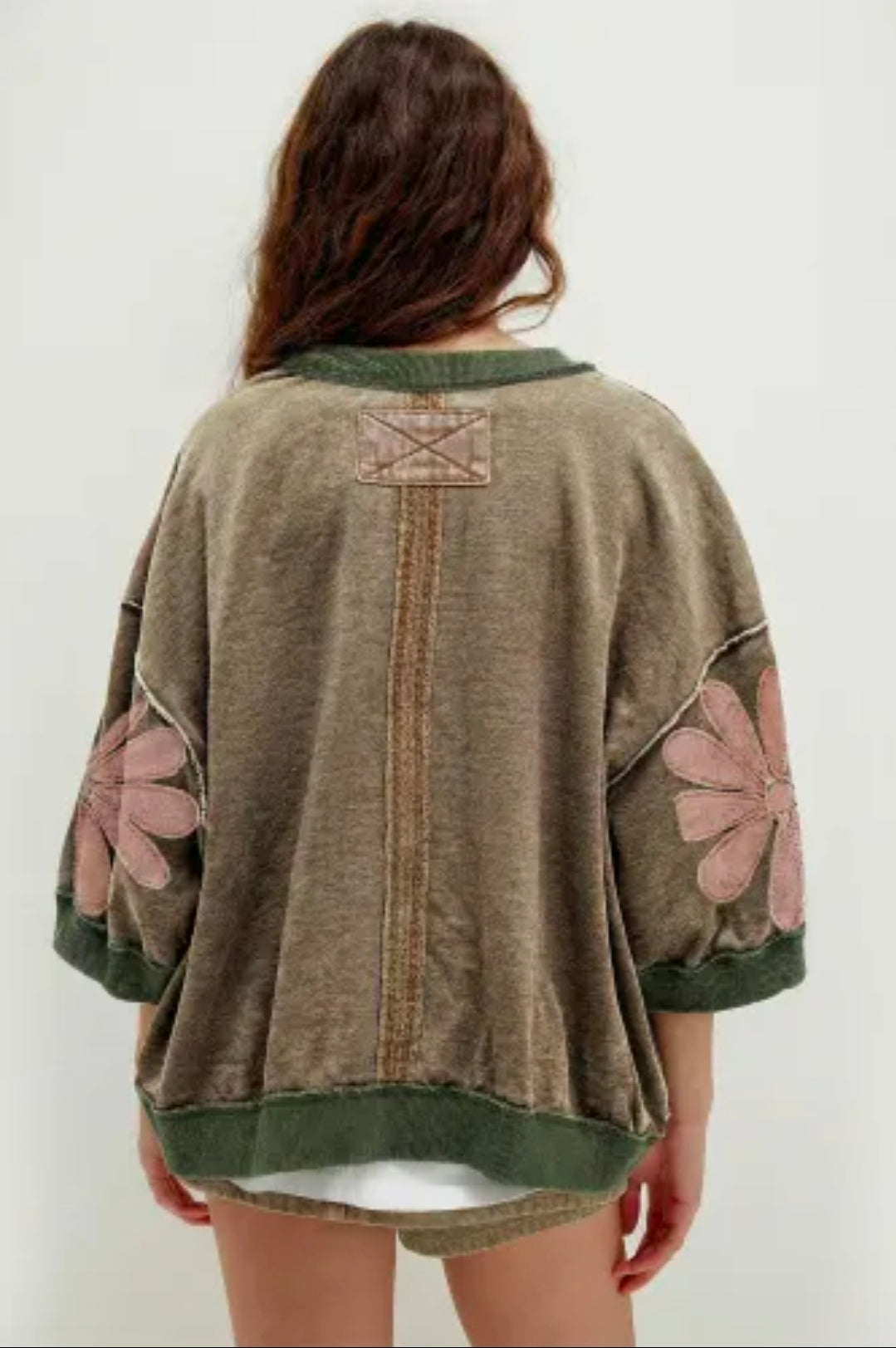 Breen Mineral Wash Raw Seam Patchwork Flower 3/4 Sleeve Oversize Top