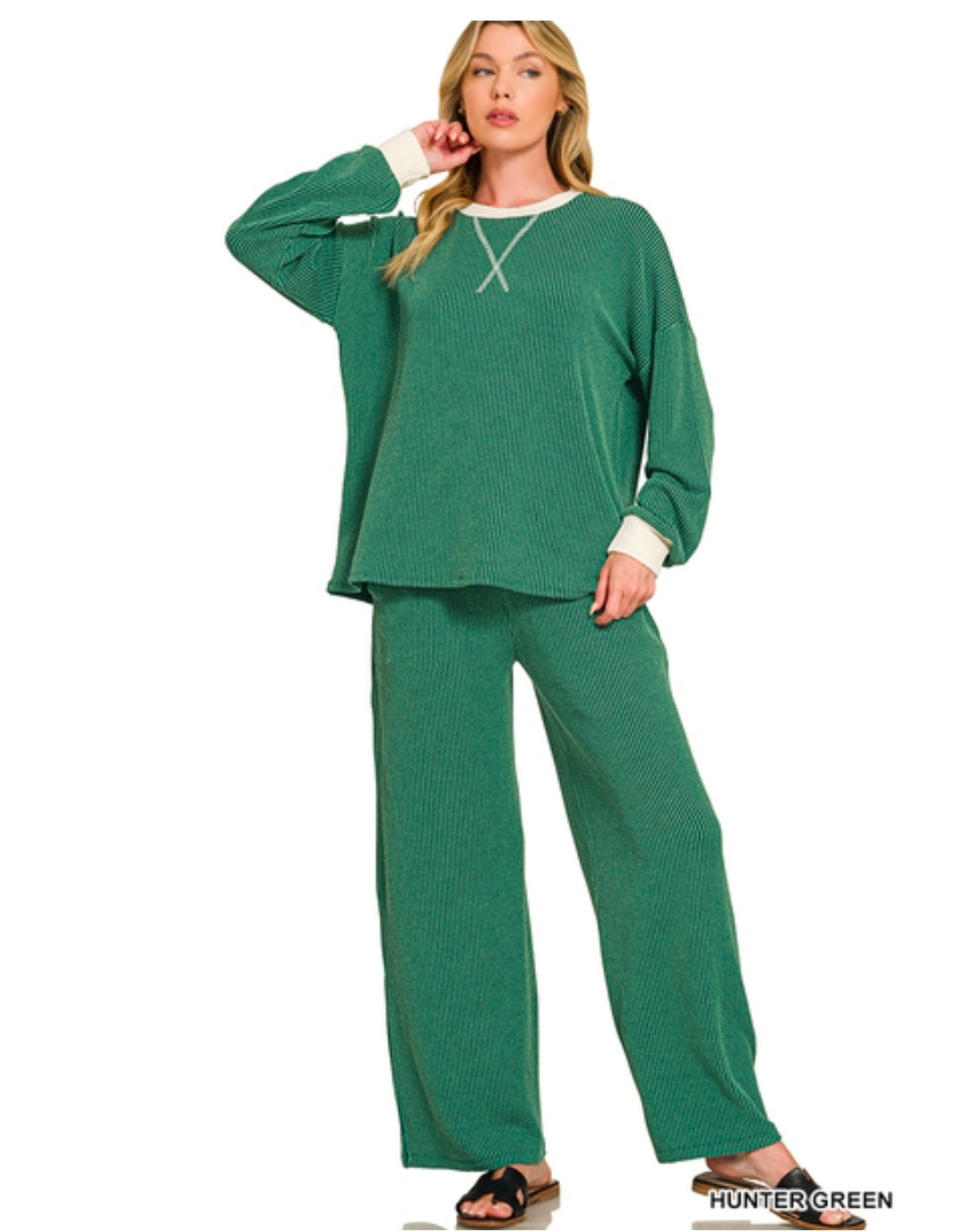 Raised rib round neck pullover & pants set