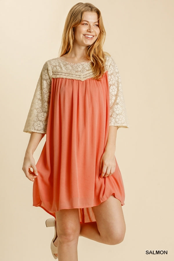 Floral Lace Round Neck 3/4 Sleeve Dress with Keyhole and Lining