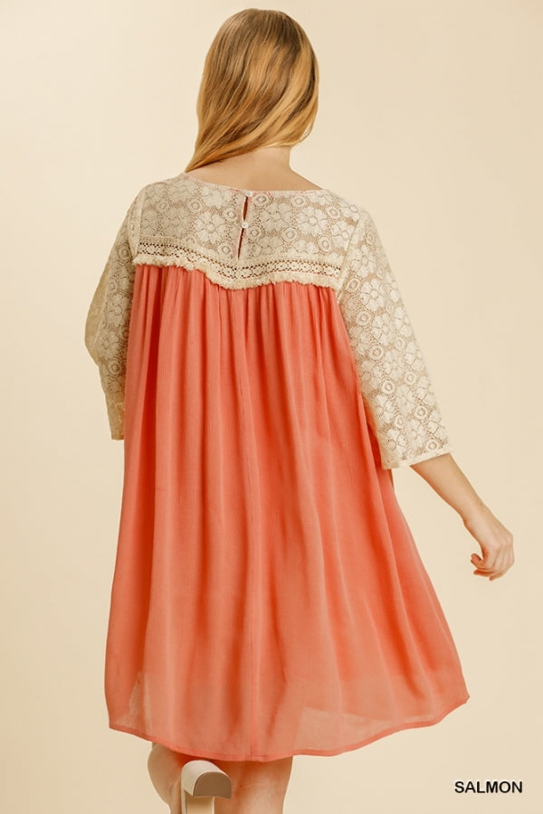 Floral Lace Round Neck 3/4 Sleeve Dress with Keyhole and Lining
