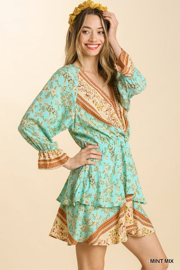 V-Neck Floral Border Print Layered Dress