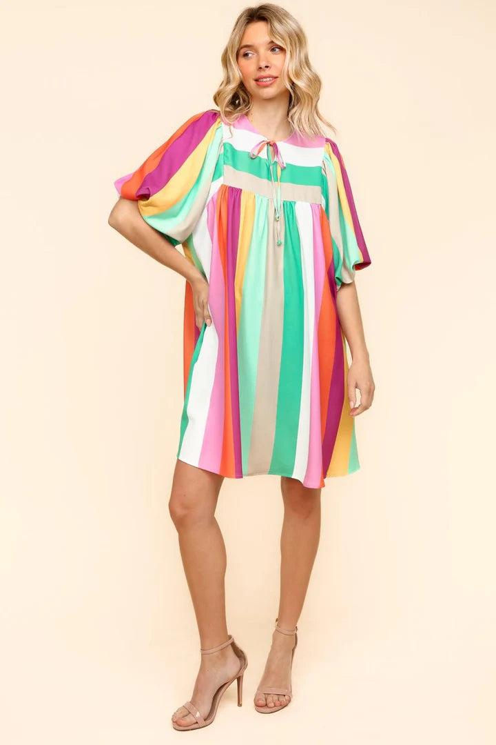 BABYDOLL MULTICOLOR STRIPE DRESS WITH SIDE POCKETS