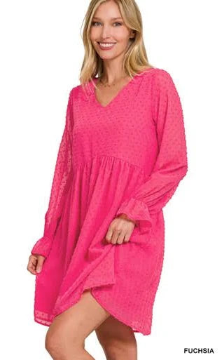 Swiss Dot Long Sleeve V-neck Dress