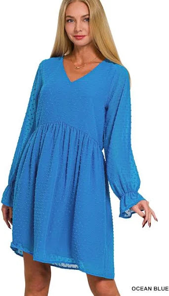 Swiss Dot Long Sleeve V-neck Dress