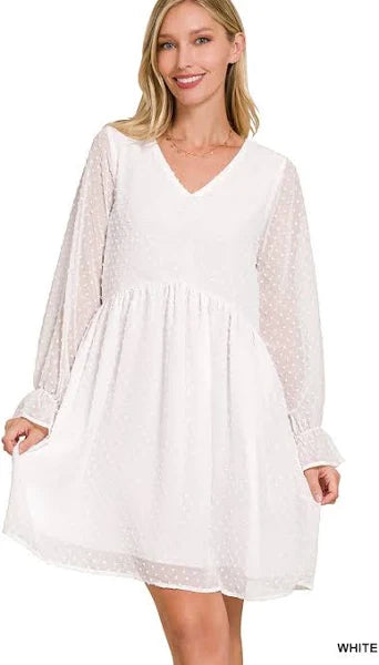 Swiss Dot Long Sleeve V-neck Dress
