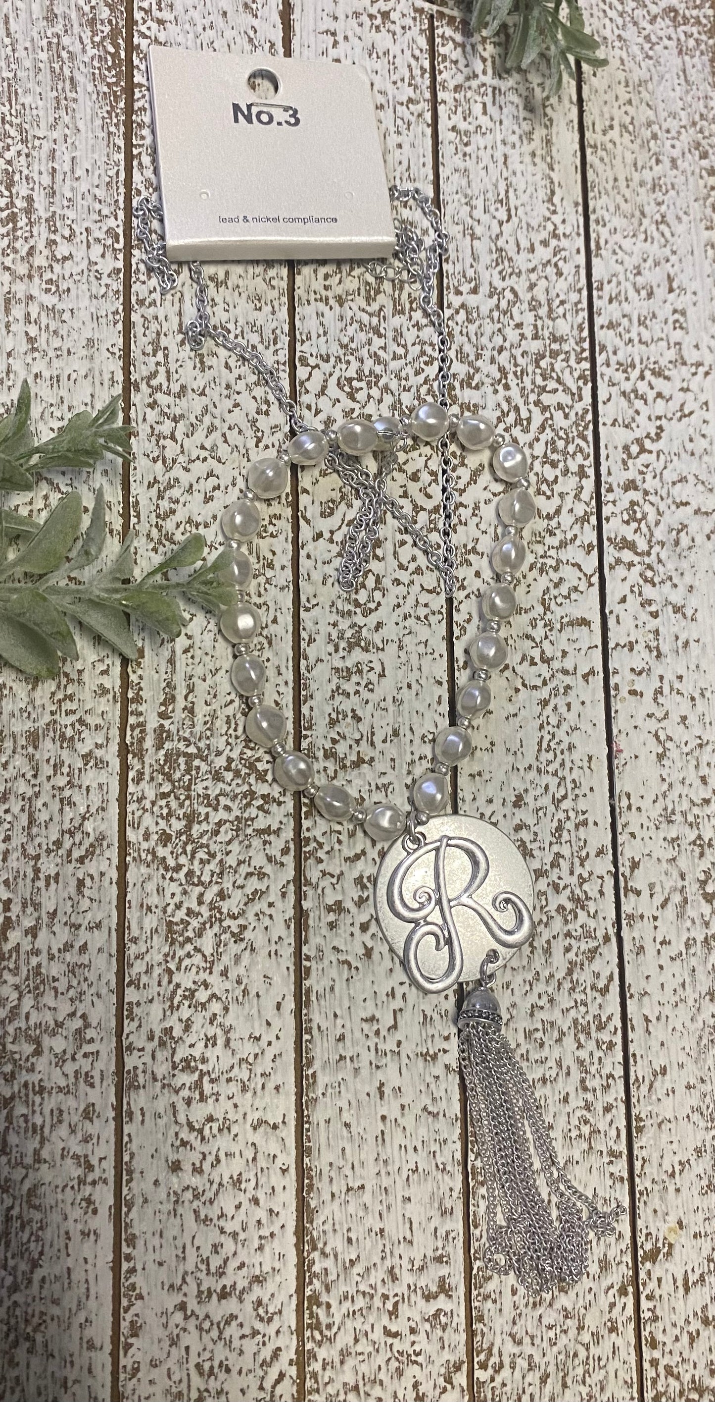 Faux Pearl Necklace with Silver Tone Initial Charm