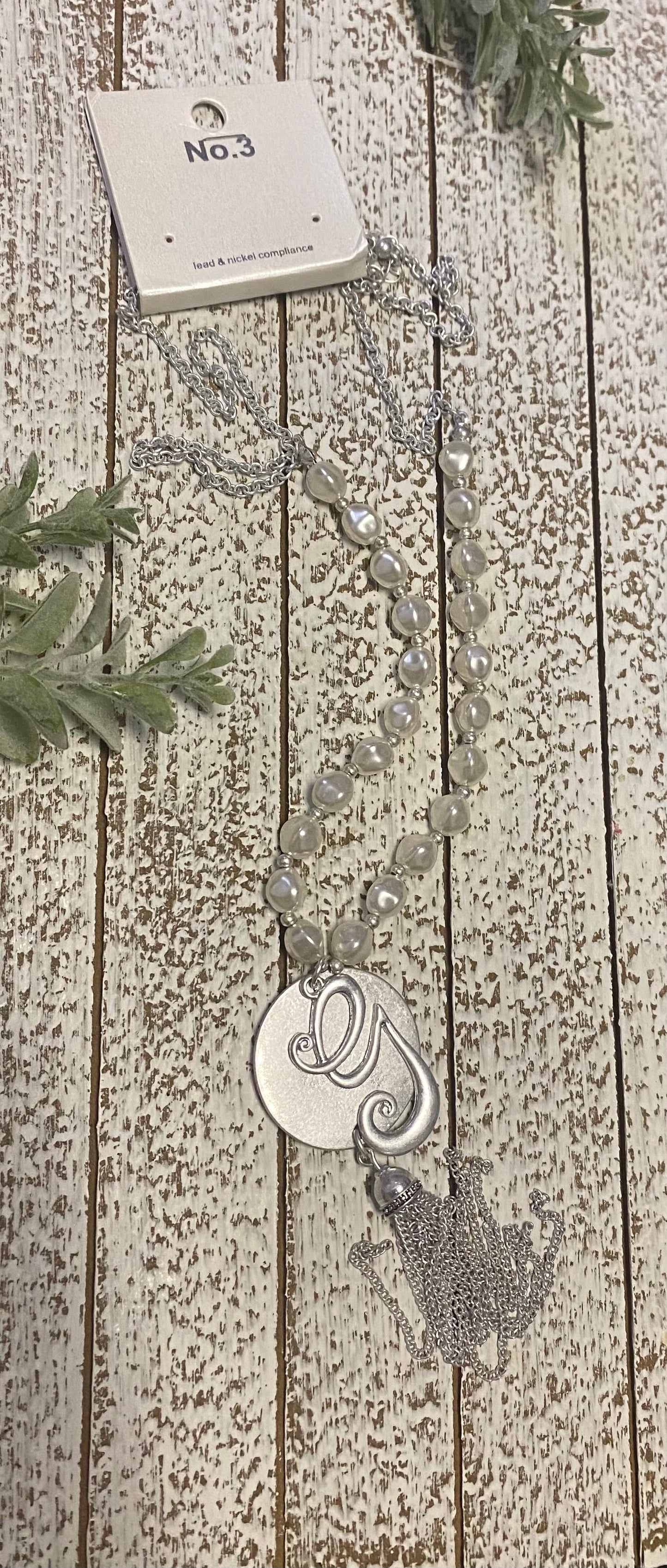 Faux Pearl Necklace with Silver Tone Initial Charm