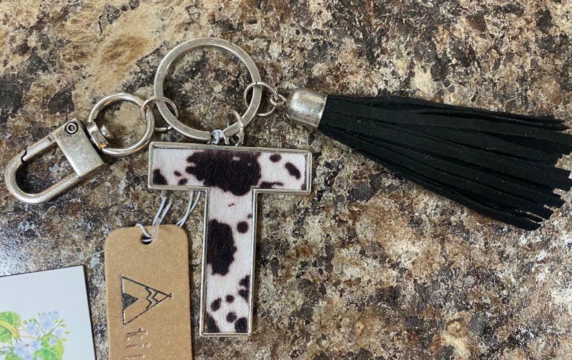Cow Hide Initial Tassel Keychain