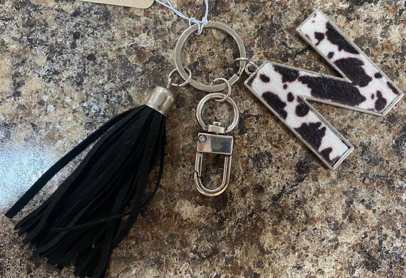 Cow Hide Initial Tassel Keychain