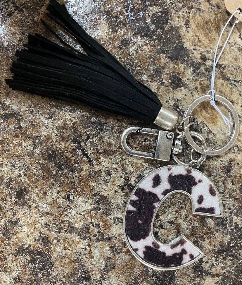 Cow Hide Initial Tassel Keychain