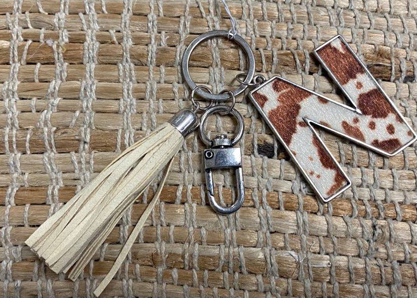 Cow Hide Initial Tassel Keychain