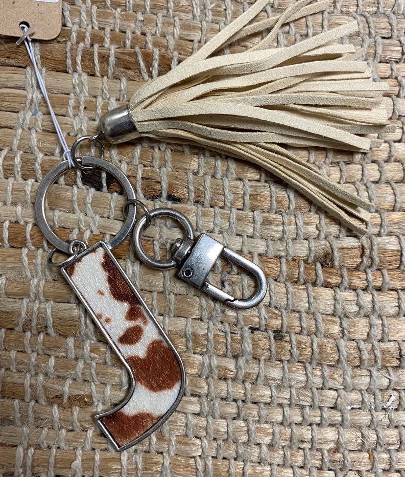 Cow Hide Initial Tassel Keychain