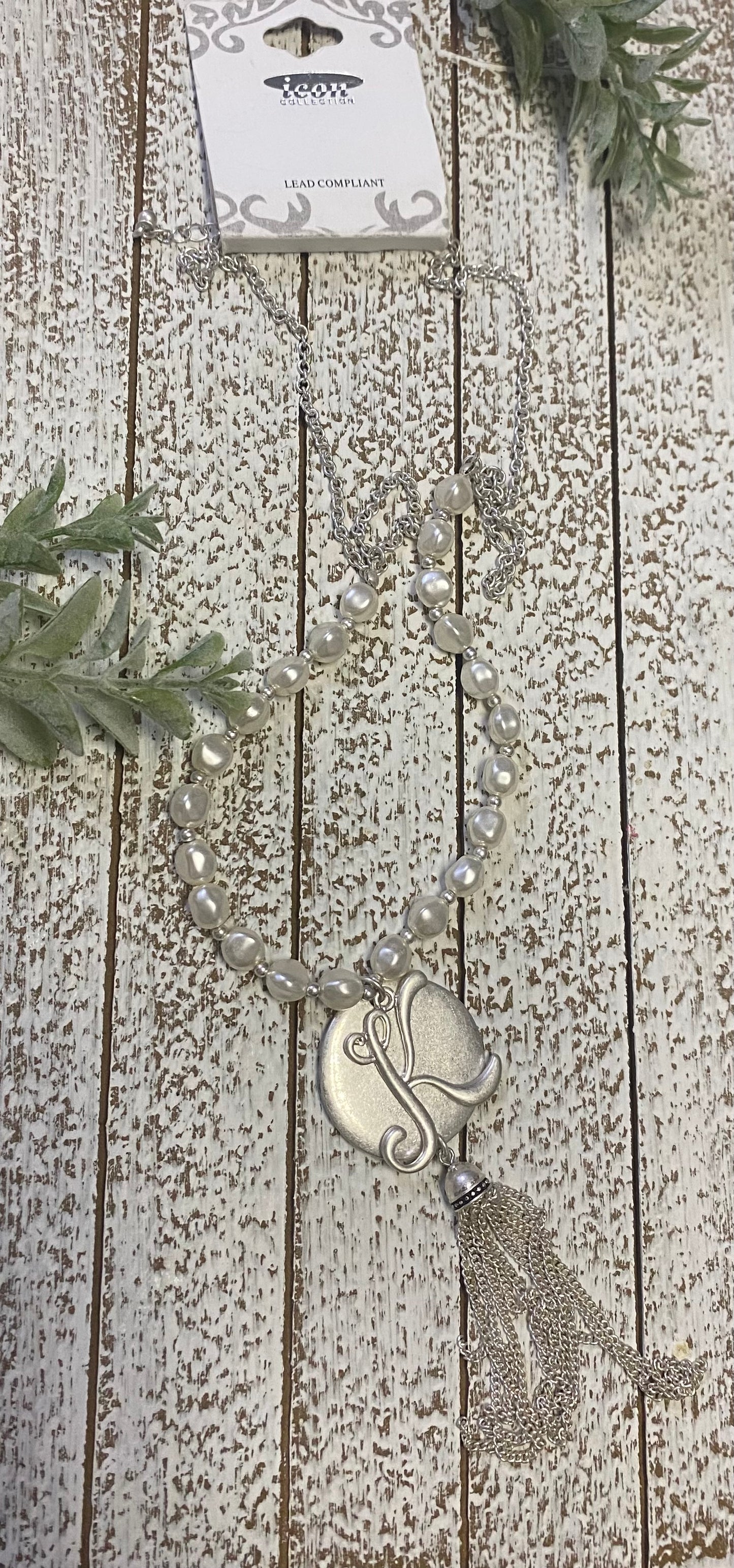 Faux Pearl Necklace with Silver Tone Initial Charm
