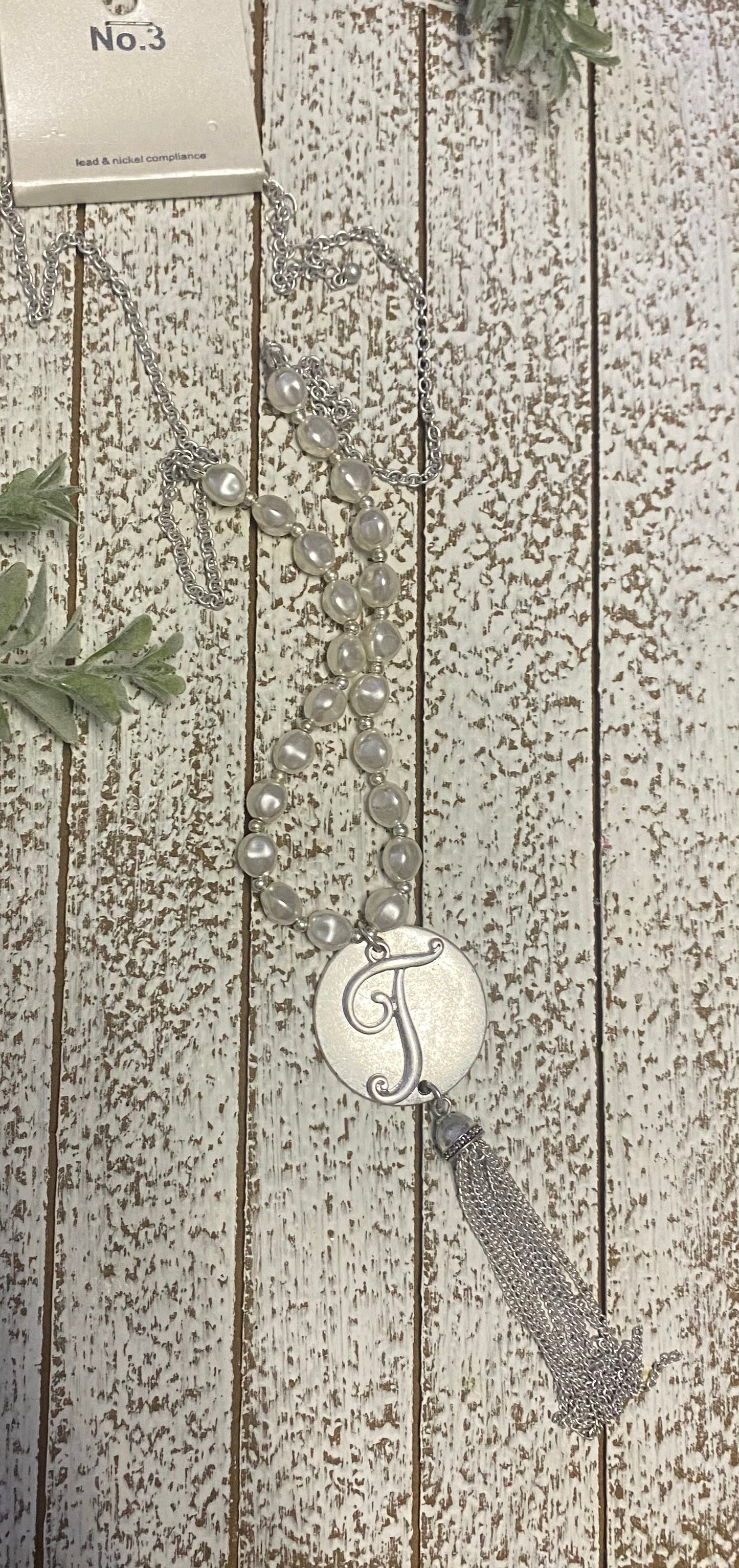 Faux Pearl Necklace with Silver Tone Initial Charm