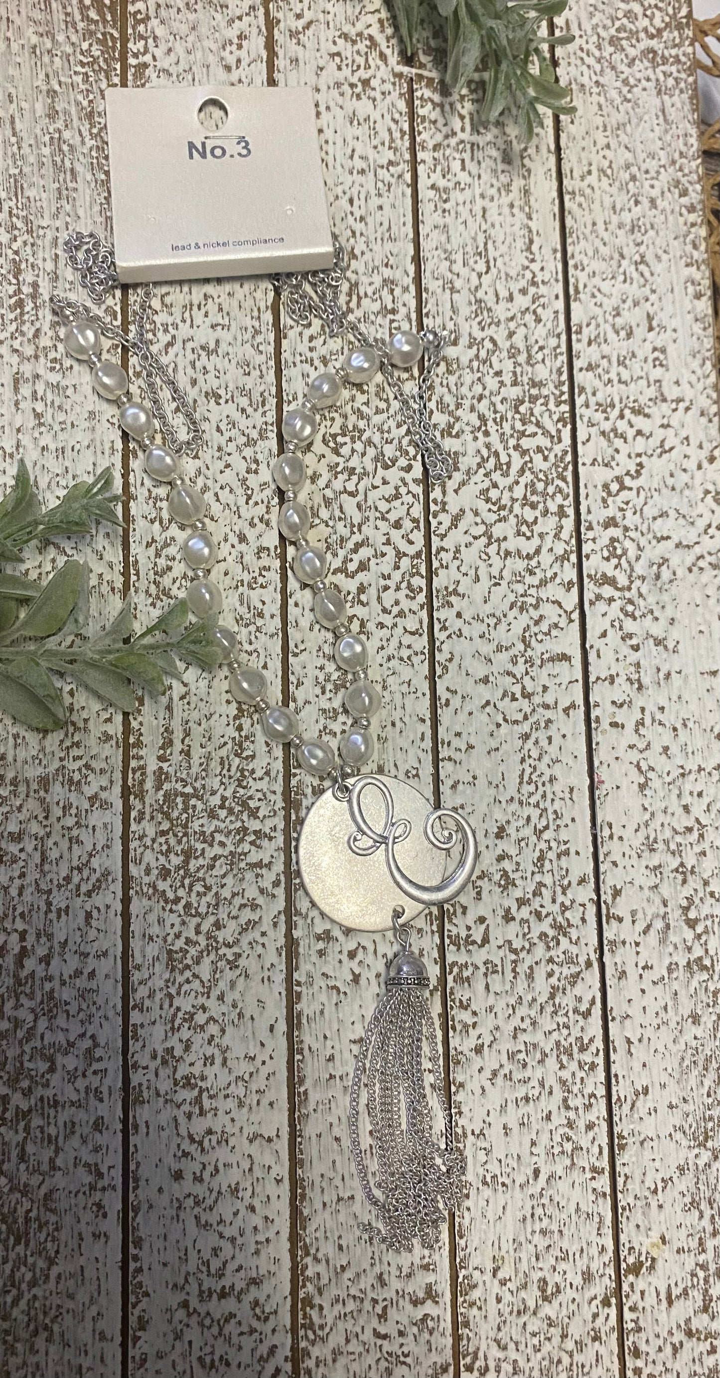 Faux Pearl Necklace with Silver Tone Initial Charm