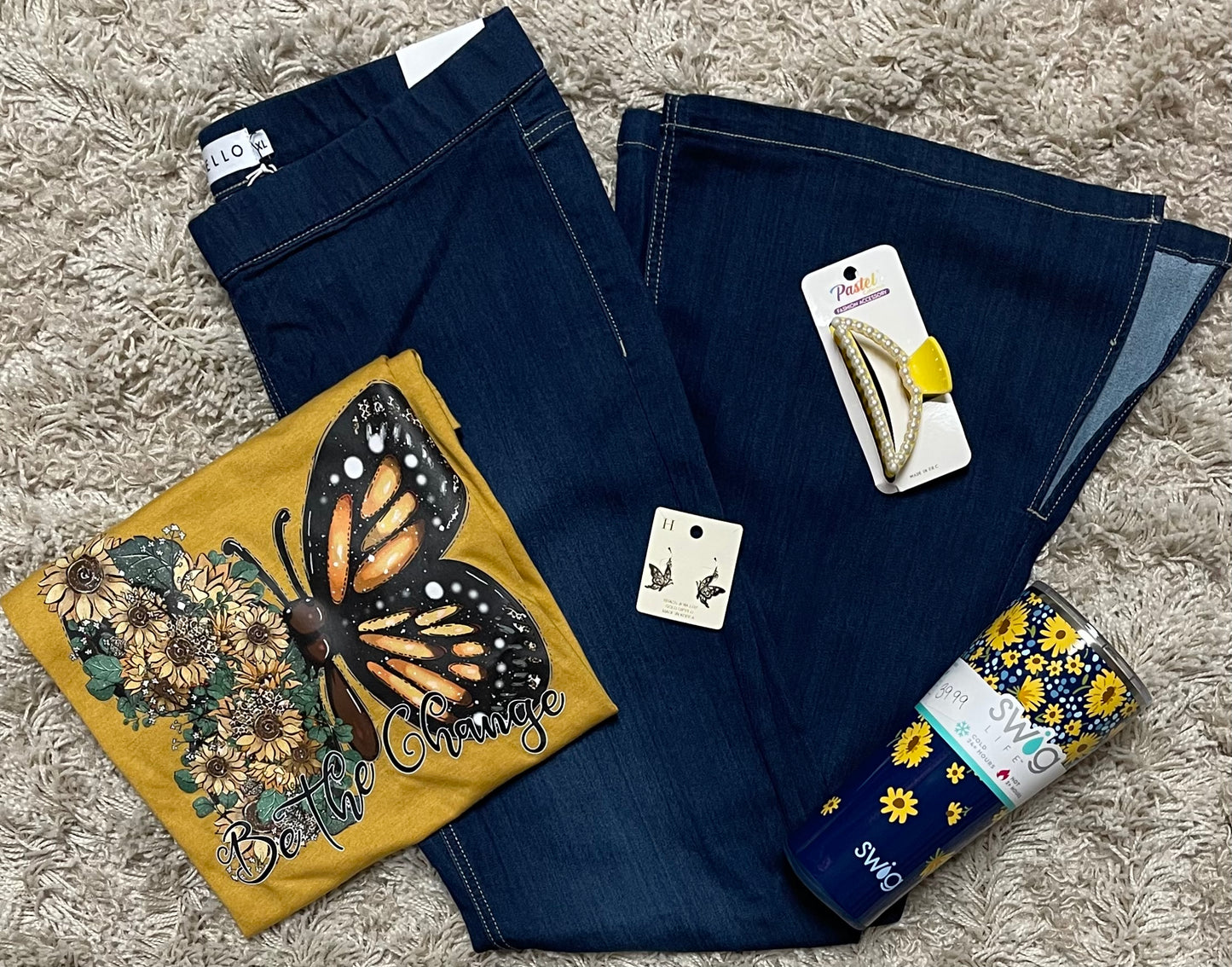 Dark Denim Mid Rise Pull On Flare with Side Slit