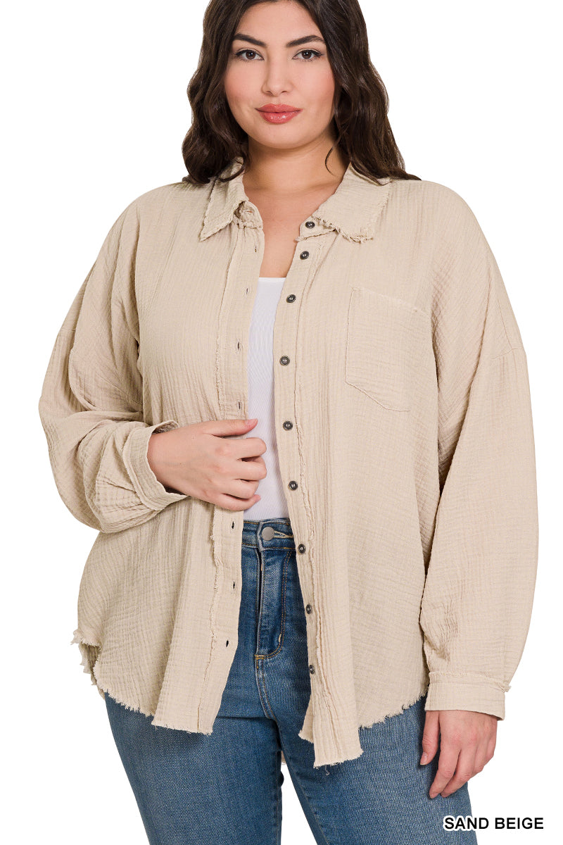 DOUBLE GAUZE OVERSIZED RAW EDGE SHIRT