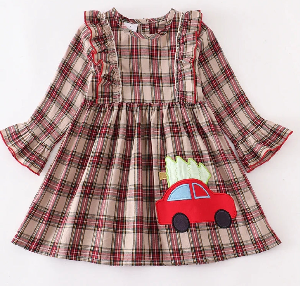 Plaid Christmas Car Applique Ruffle Dress