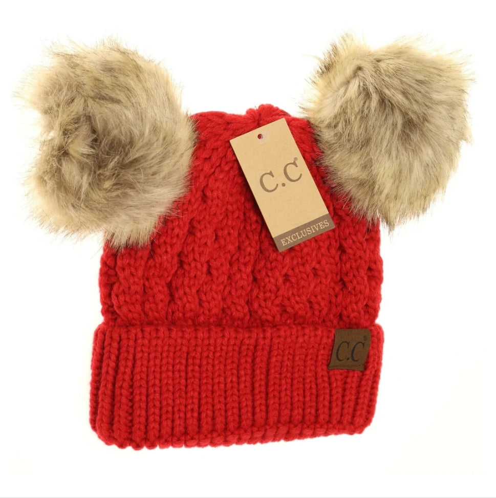 Cable Knit Double Pom CC Beanie