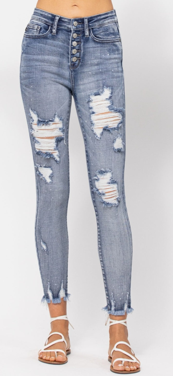 JUDY BLUE- Hi Waist Button Fly Skinny Bleach Splash Destroyed