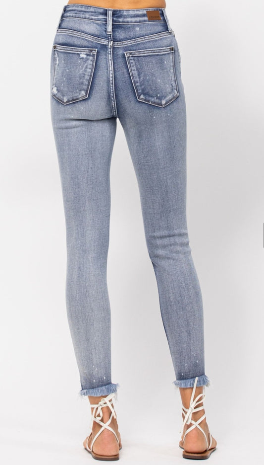 JUDY BLUE- Hi Waist Button Fly Skinny Bleach Splash Destroyed