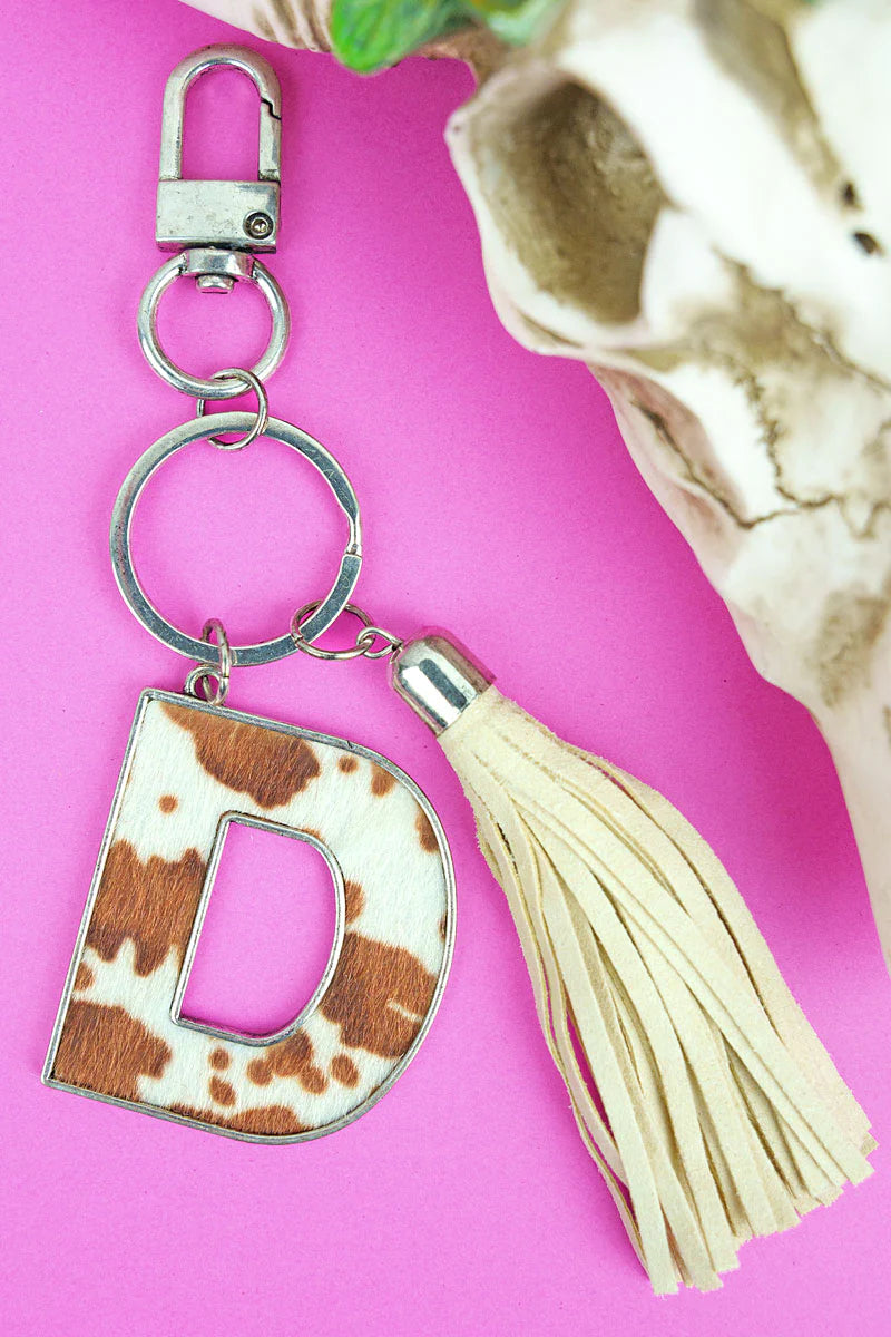 Cow Hide Initial Tassel Keychain