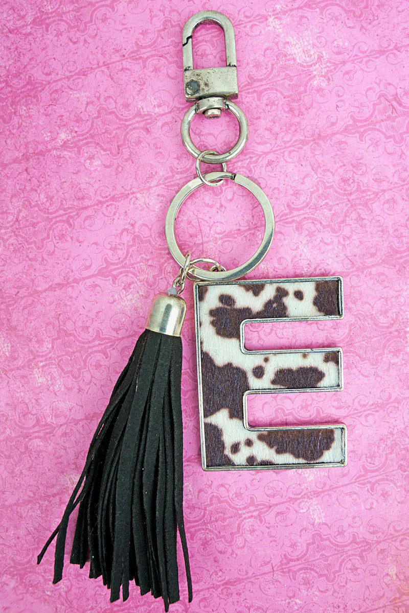 Cow Hide Initial Tassel Keychain