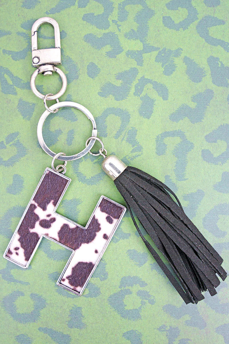 Cow Hide Initial Tassel Keychain