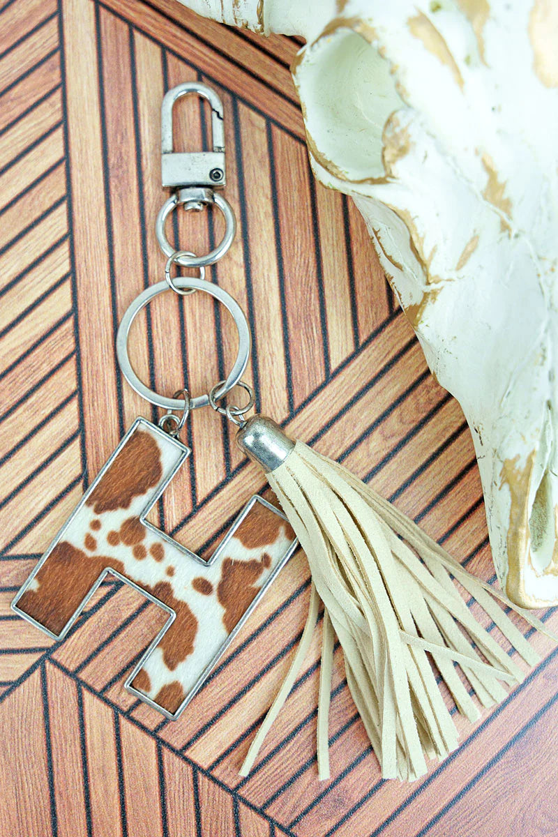 Cow Hide Initial Tassel Keychain