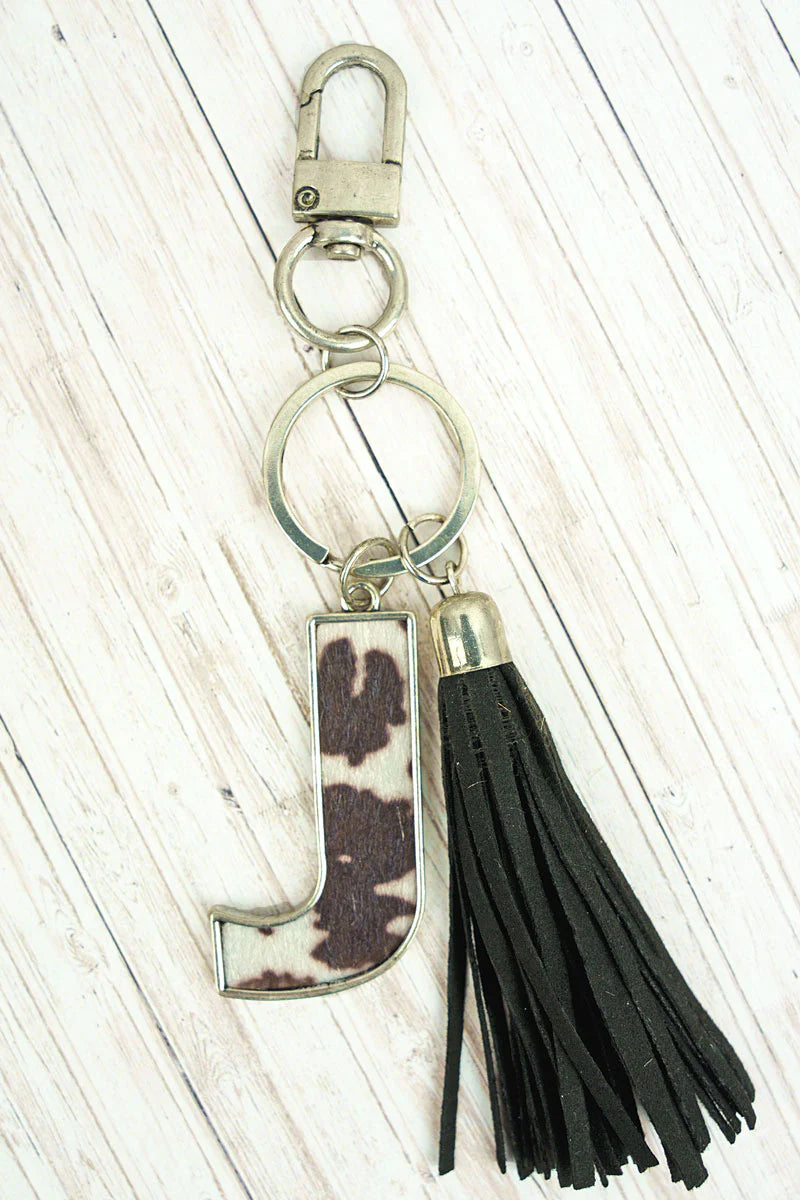 Cow Hide Initial Tassel Keychain